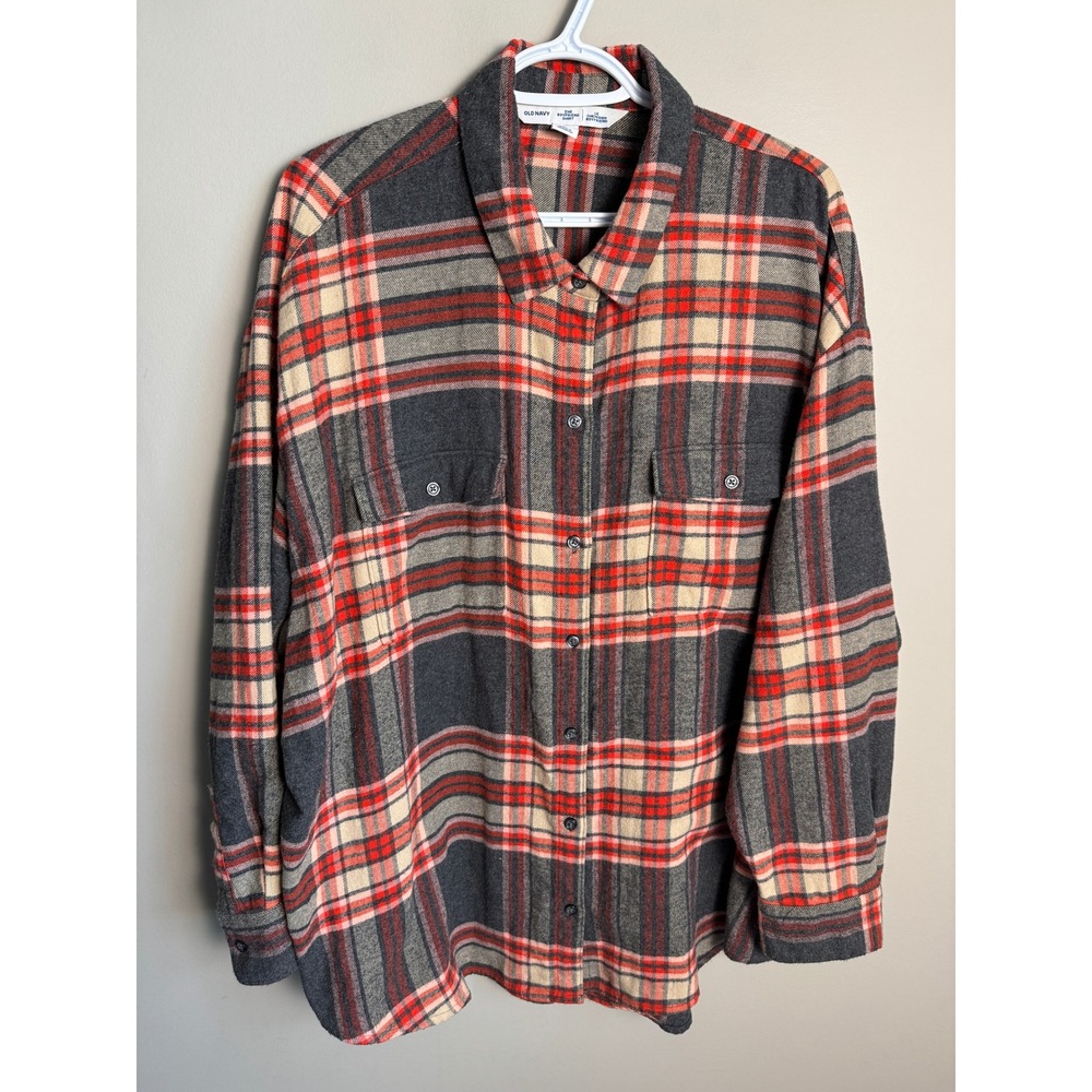 Old Navy Women Grey/Red Plaid The Boyfriend Shirt XXL Flannel Grunge Cozy Pocket